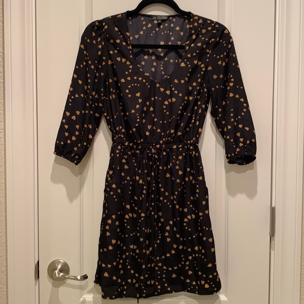 BeBop Quarter Sleeve Dress With Pockets - Navy with tan hearts - S